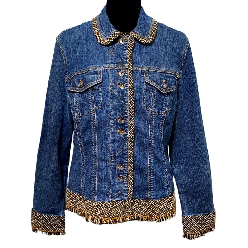nwt Coldwater Creek Long Sleeve Denim Jacket with Boucle Fringe in Women's Sz 18